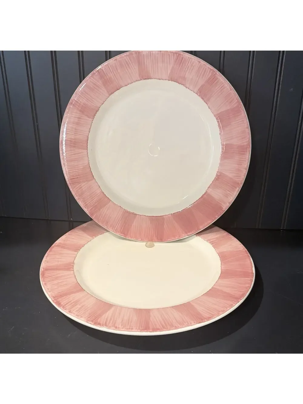Pier 1 Pink Rim / Edge Handpainted Dinner Plates 10.5